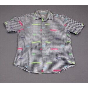 BUGATCHI UOMO Shaped Fit Shirt Blue Gingham neon Abstract Cotton Blend Sz L